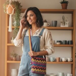 The Sak Crochet Chevron Crossbody Bag Colorful Boho Zigzag Strap Shoulder‎ Bag